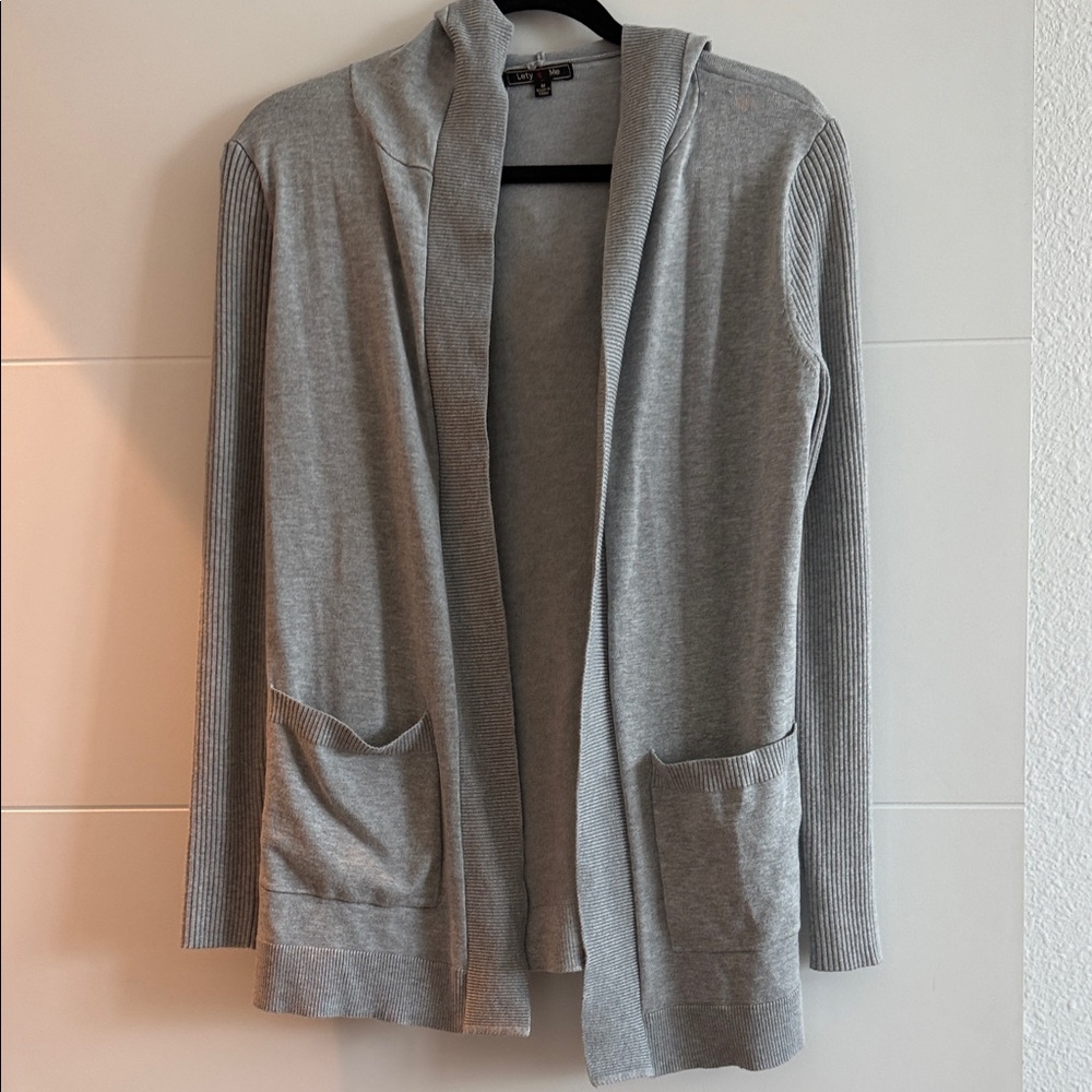 Hooded Open-Front Cardigan Sweater in Light Gray